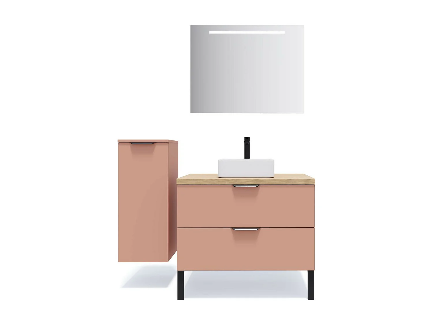 Meuble de salle de bain suspendu vasque à poser 90cm 2 tiroirs Abricot + miroir - Soho