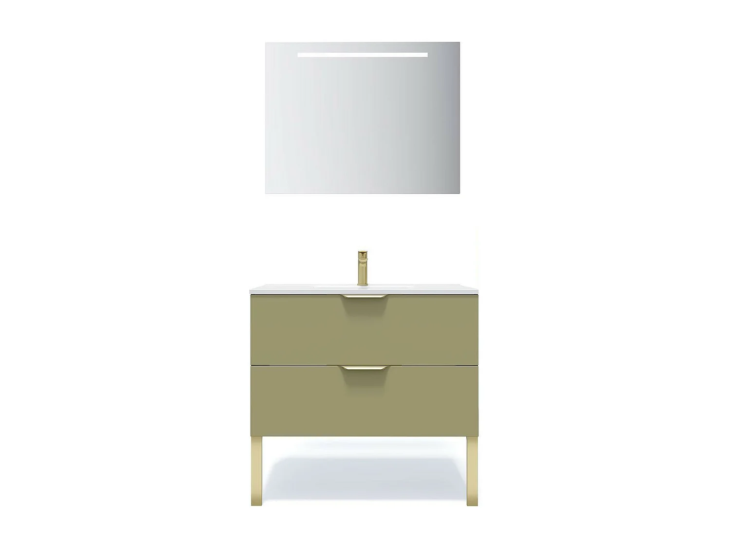 Meuble de salle de bain suspendu vasque intégrée 90cm 2 tiroirs Vert olive + miroir - Venice