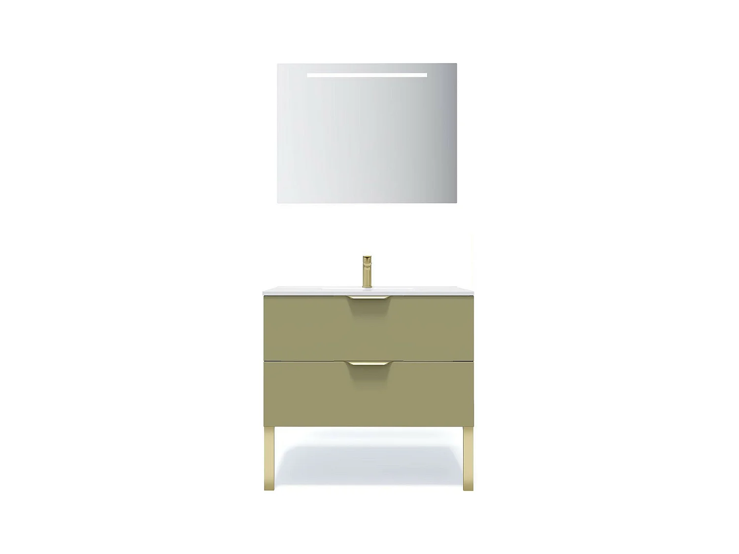 Meuble de salle de bain suspendu vasque intégrée 90cm 2 tiroirs Vert olive + miroir - Venice