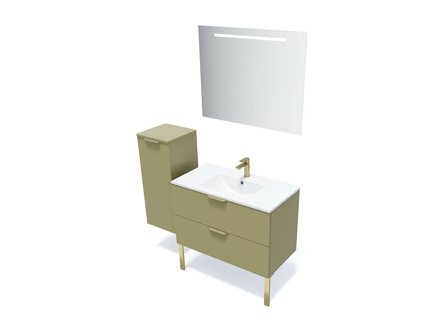 Meuble de salle de bain suspendu vasque intégrée 90cm 2 tiroirs Vert olive + miroir - Venice