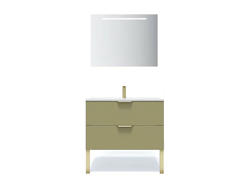 Meuble de salle de bain suspendu vasque intégrée 90cm 2 tiroirs Vert olive + miroir - Venice