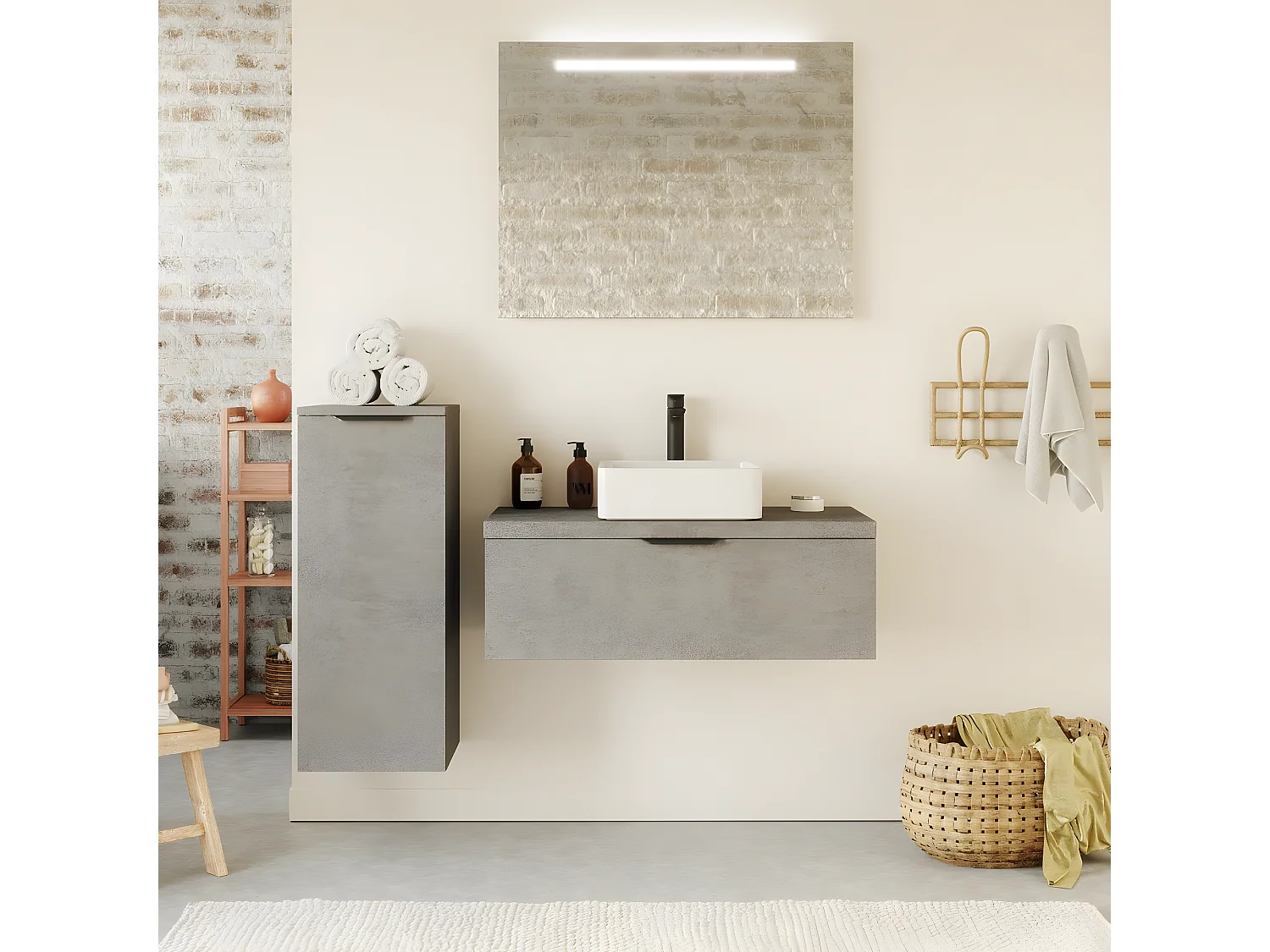 Meuble de salle de bain suspendu vasque à poser 90cm 1 tiroir façon Béton - Venice