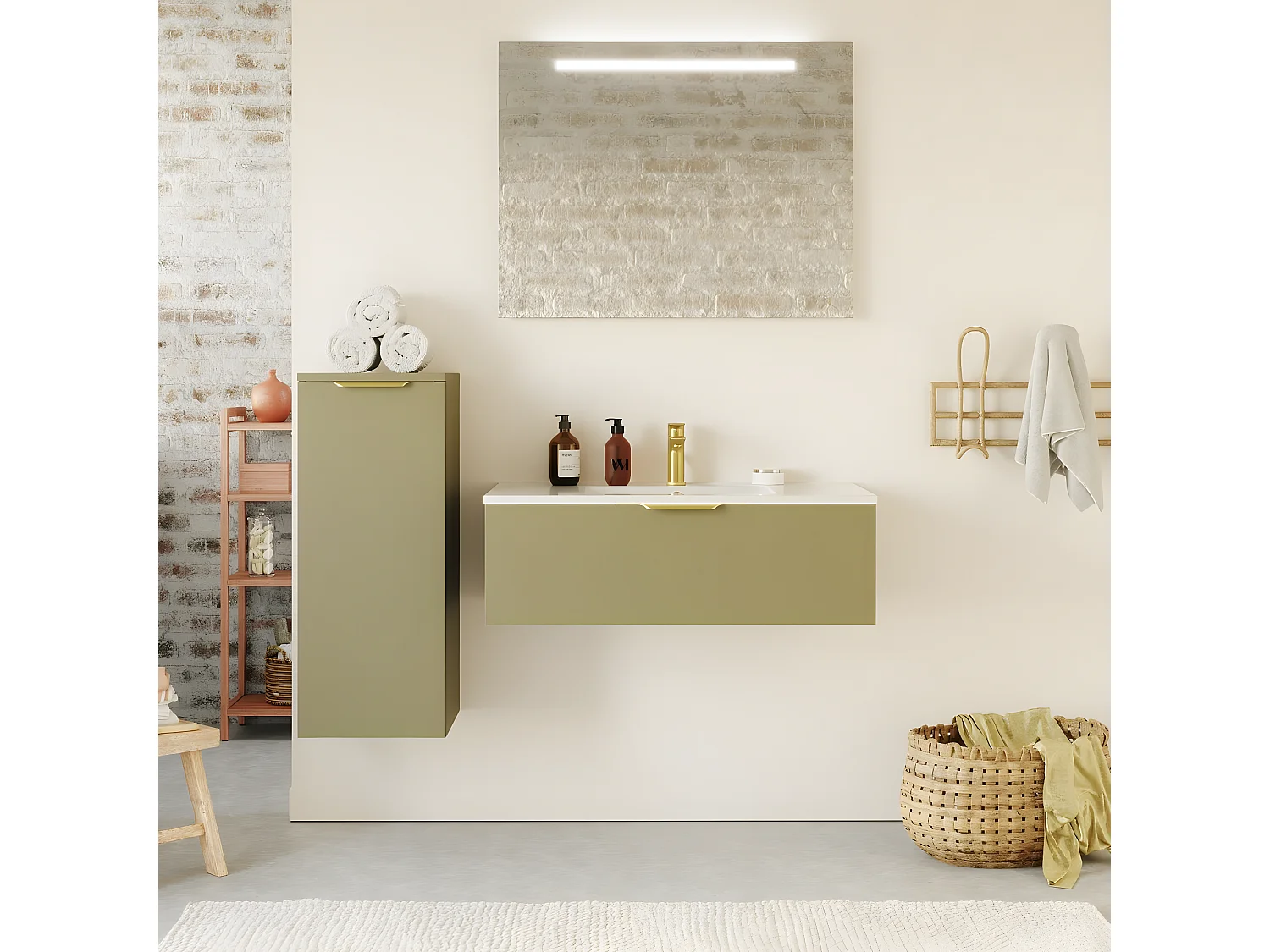 Meuble de salle de bain suspendu vasque intégrée 90cm 1 tiroir Vert olive - Venice
