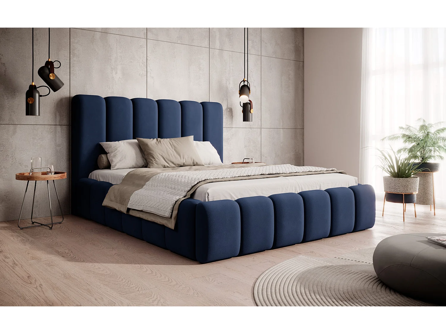 LIT TAPISSÉ avec coffre de rangement Rimini Bleu foncé 180x200 cm