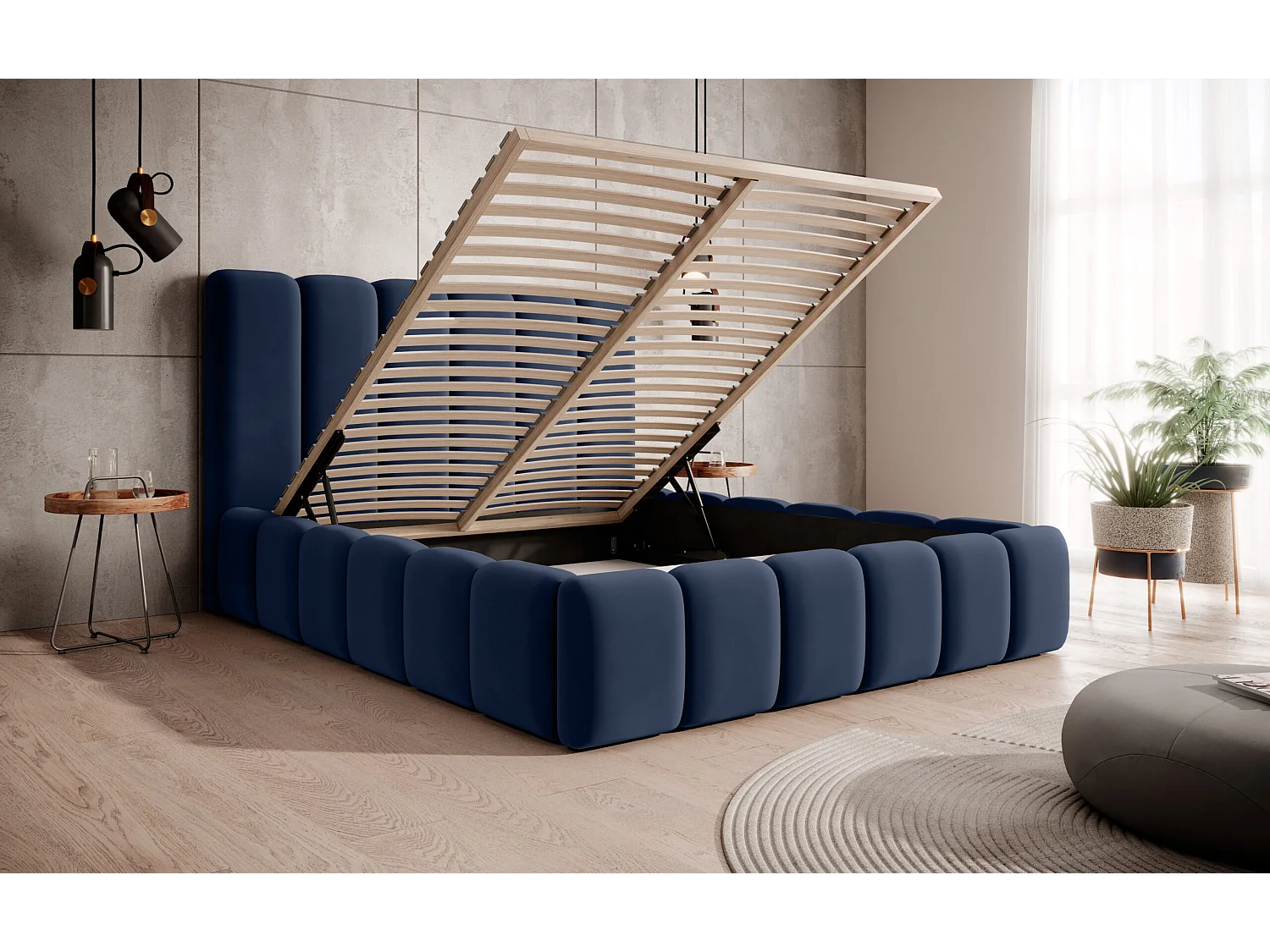 LIT TAPISSÉ avec coffre de rangement Rimini Bleu foncé 180x200 cm