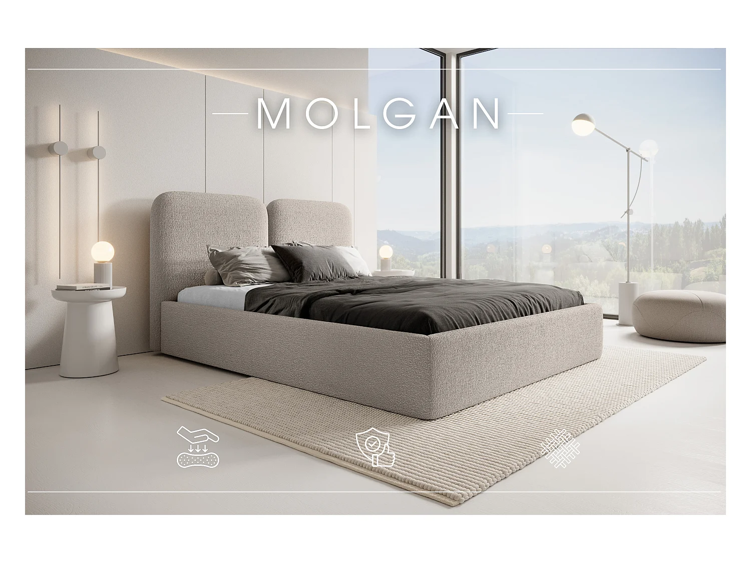LIT CAPITONNÉ avec coffre de lit Molgan Beige 160x200 cm