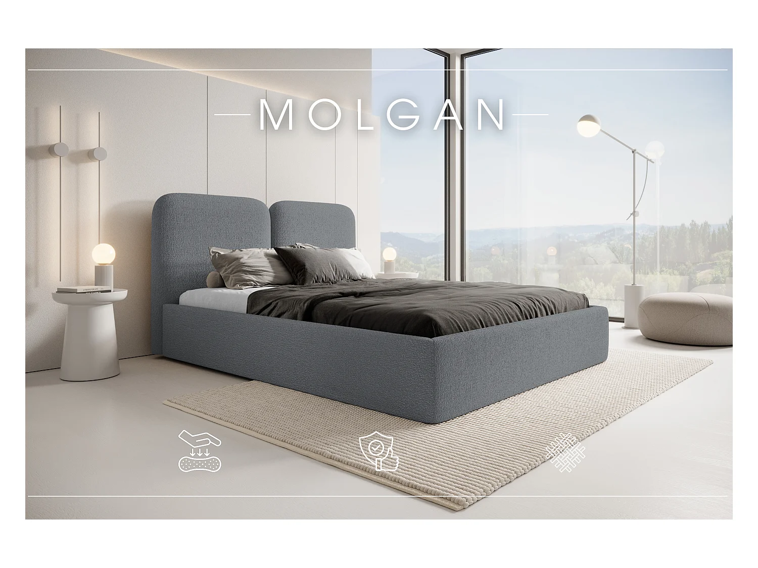 LIT CAPITONNÉ avec coffre de lit Molgan Gris clair 180x200 cm