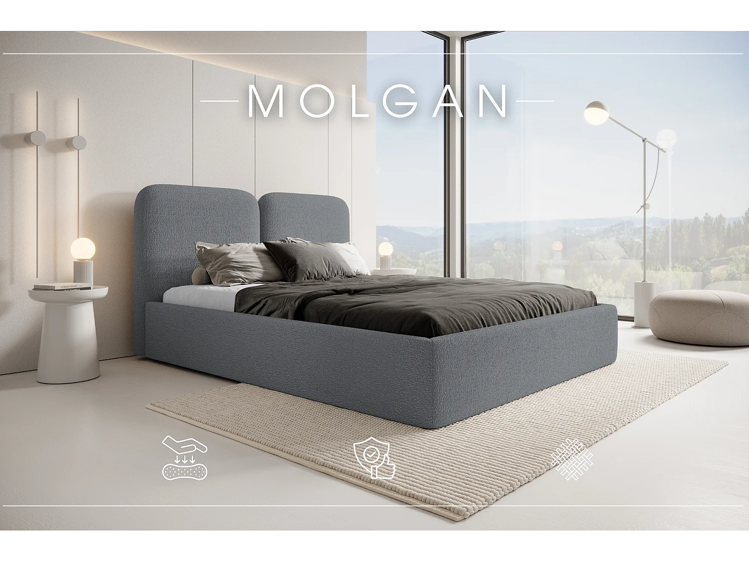 LIT CAPITONNÉ avec coffre de lit Molgan Gris clair 180x200 cm