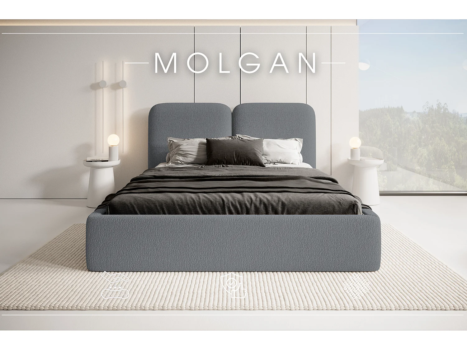 LIT CAPITONNÉ avec coffre de lit Molgan Gris clair 180x200 cm