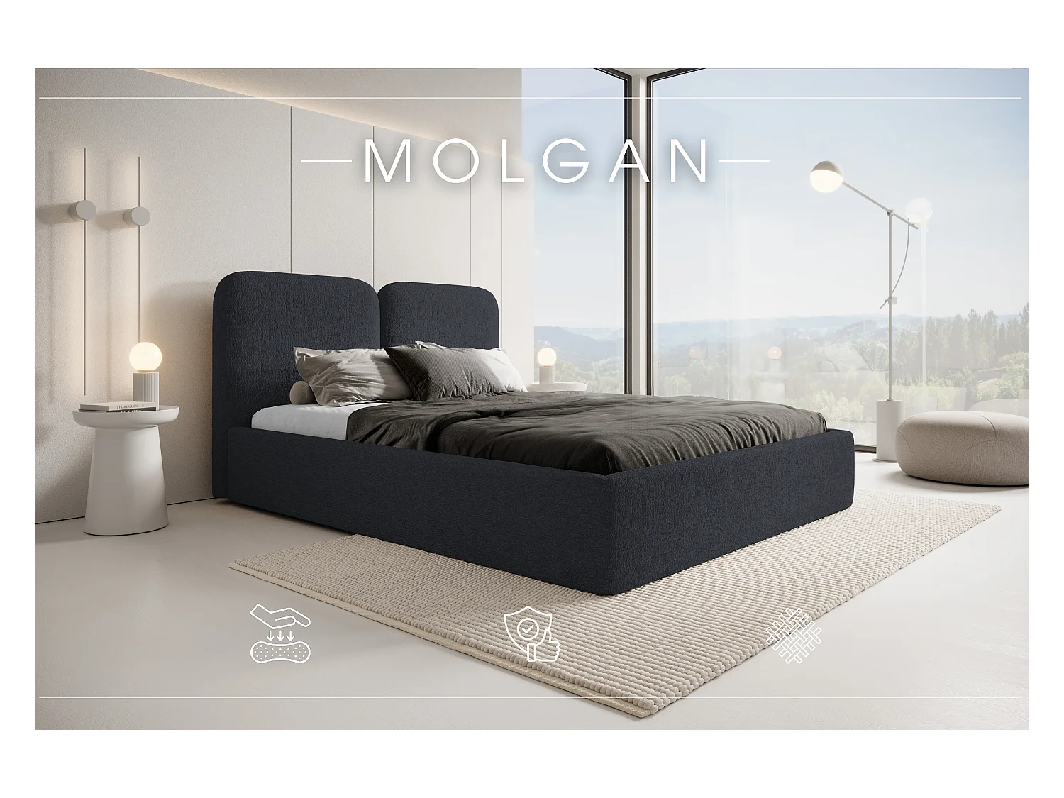 LIT CAPITONNÉ avec coffre de lit Molgan Gris foncé 120x200 cm