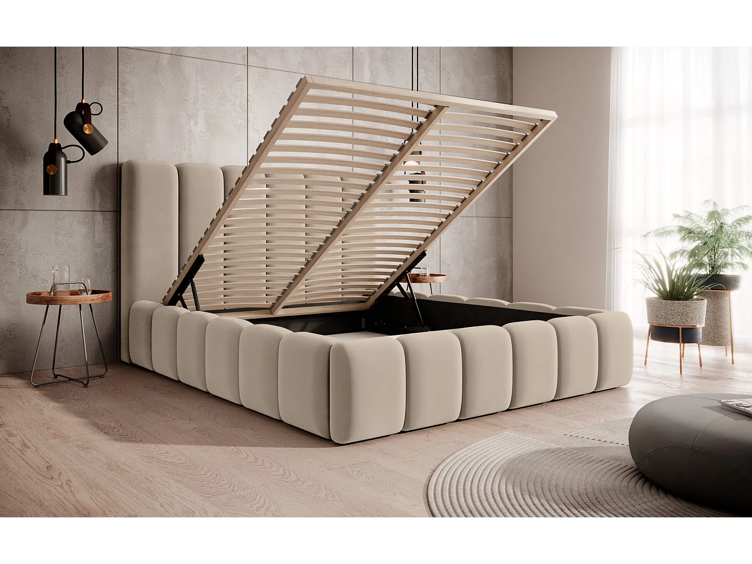 LIT TAPISSÉ avec coffre de rangement Rimini Beige 180x200 cm