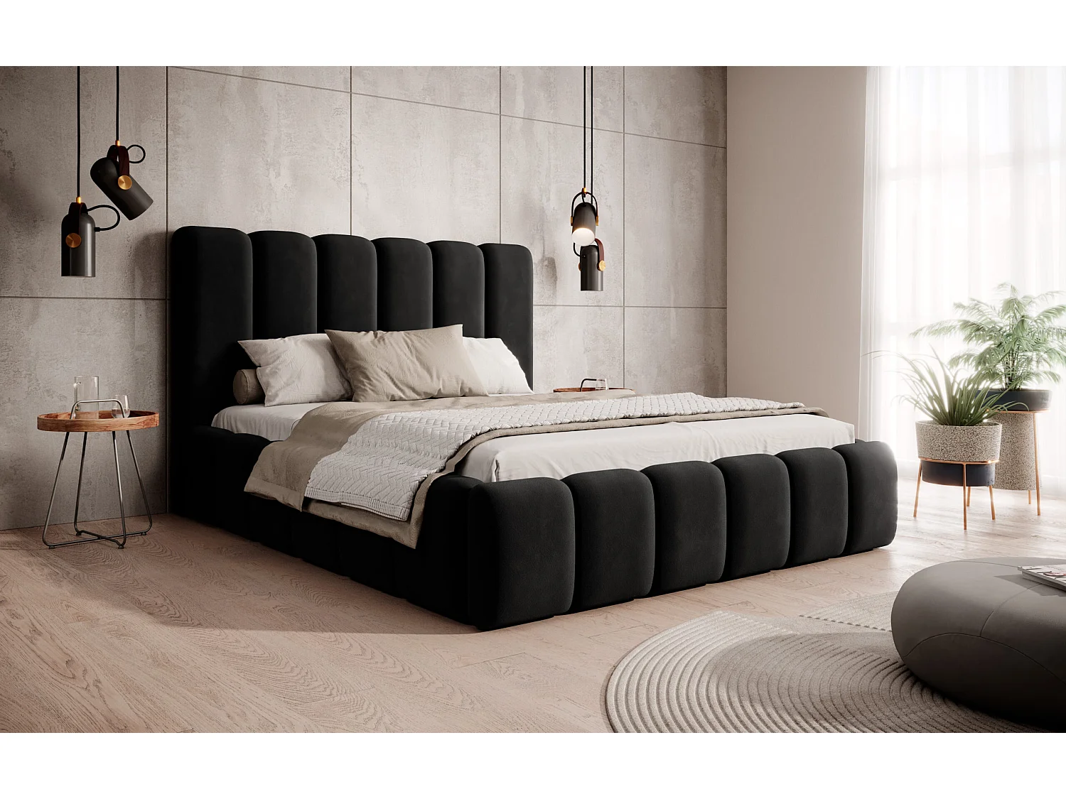 LIT TAPISSÉ avec coffre de rangement Rimini Noir 140x200 cm