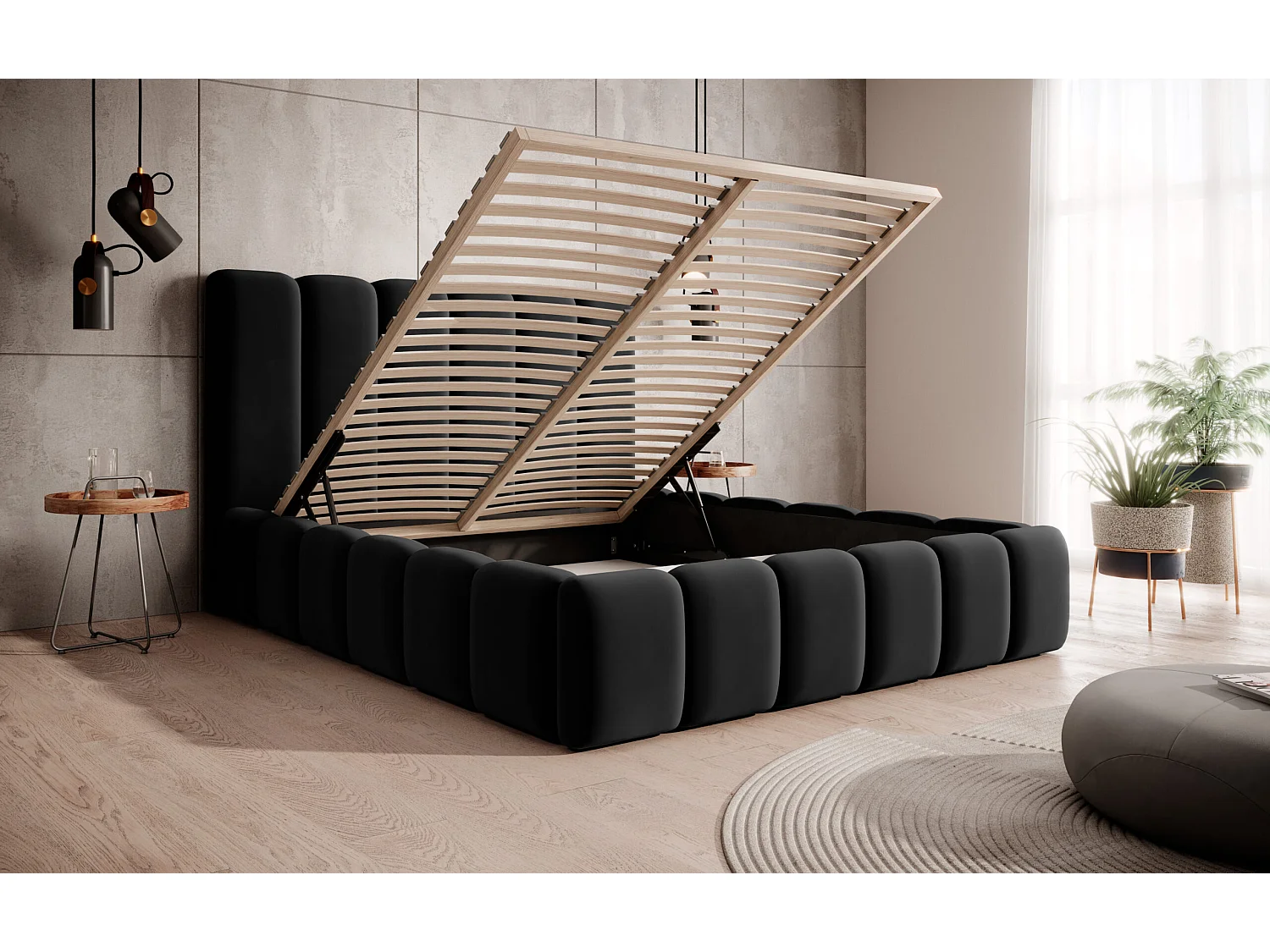 LIT TAPISSÉ avec coffre de rangement Rimini Noir 140x200 cm