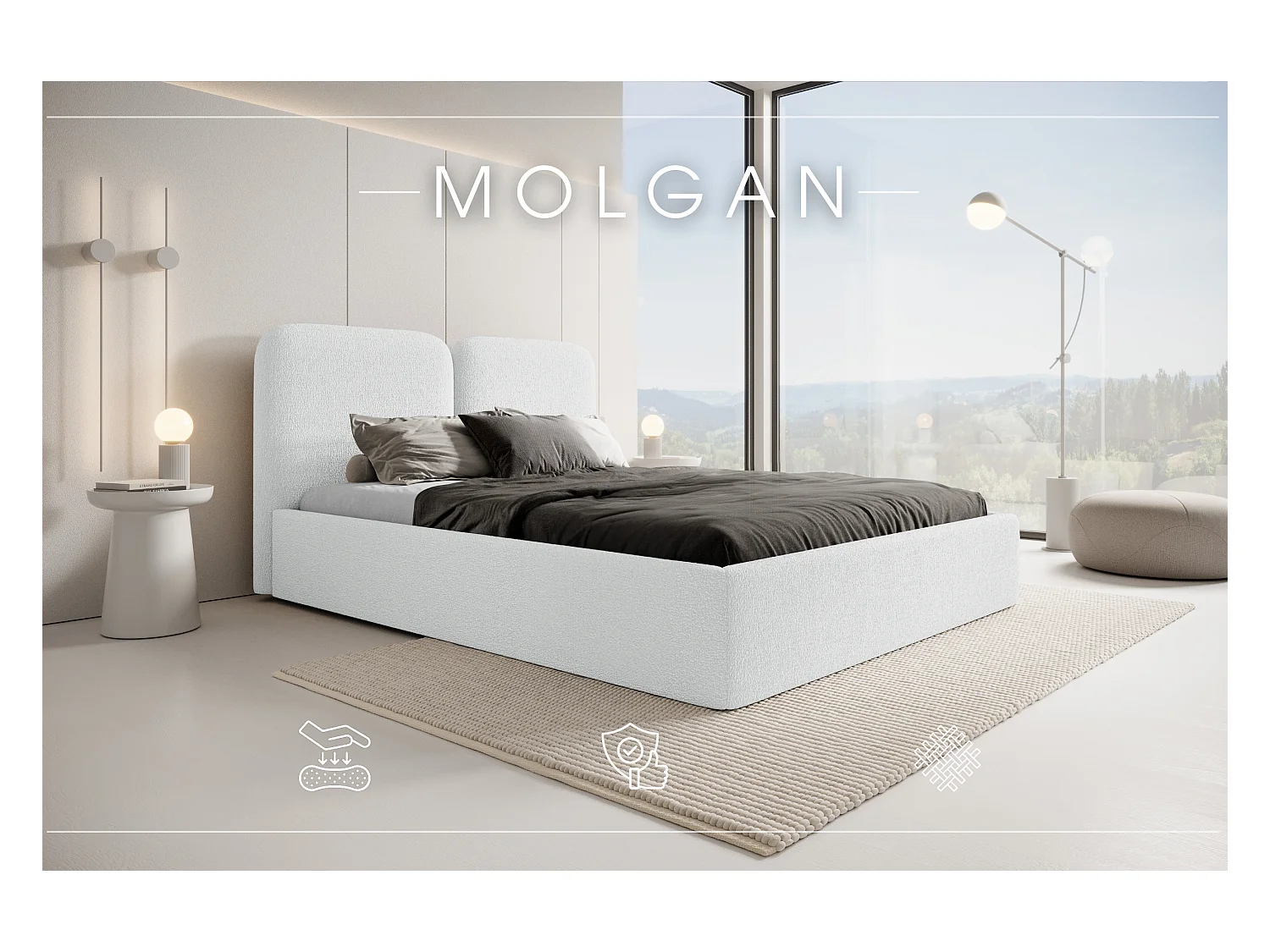 LIT CAPITONNÉ avec coffre de lit Molgan Crème 160x200 cm