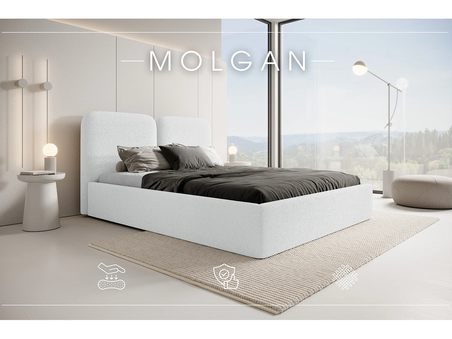 LIT CAPITONNÉ avec coffre de lit Molgan Crème 160x200 cm