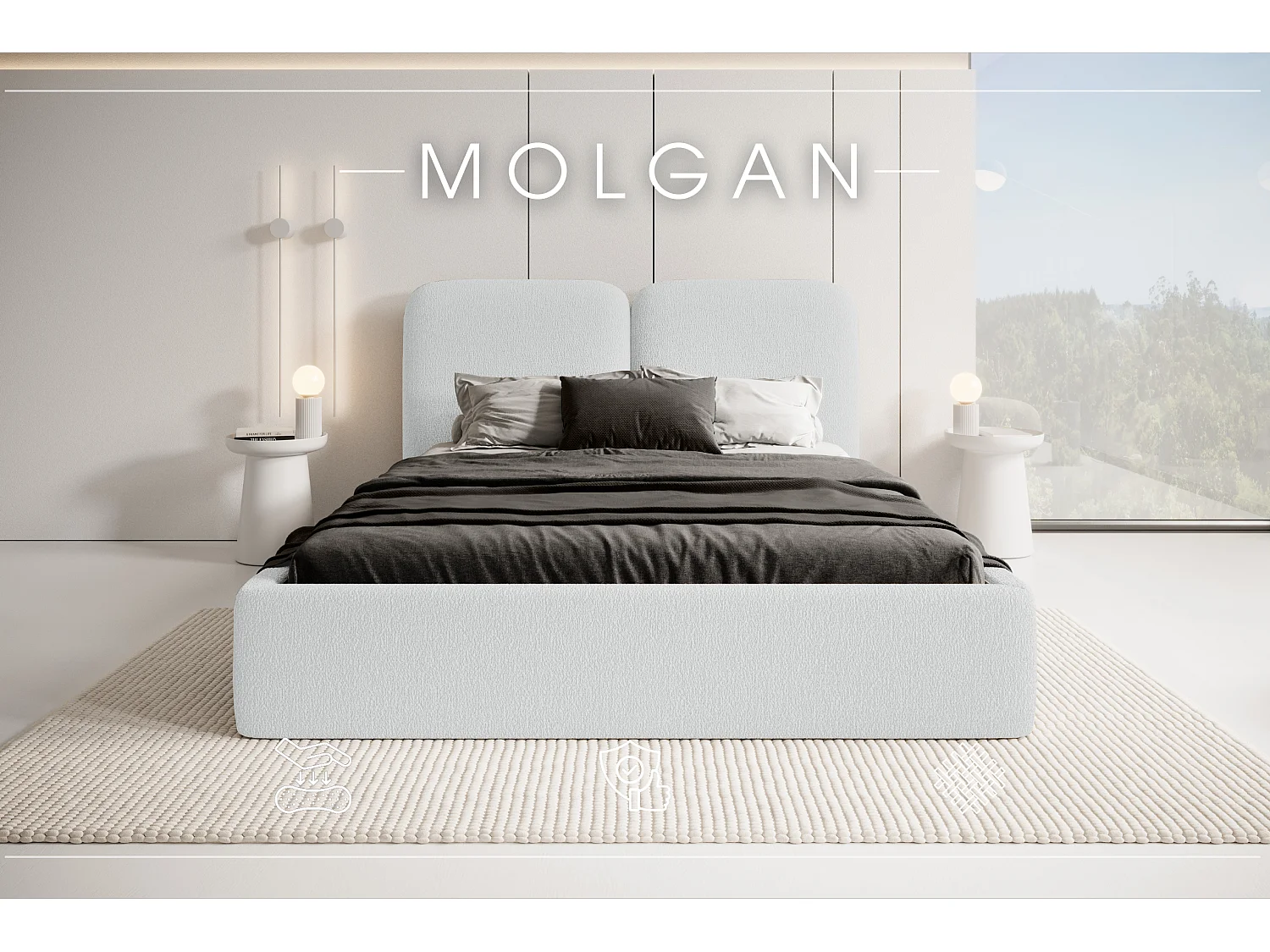 LIT CAPITONNÉ avec coffre de lit Molgan Crème 160x200 cm