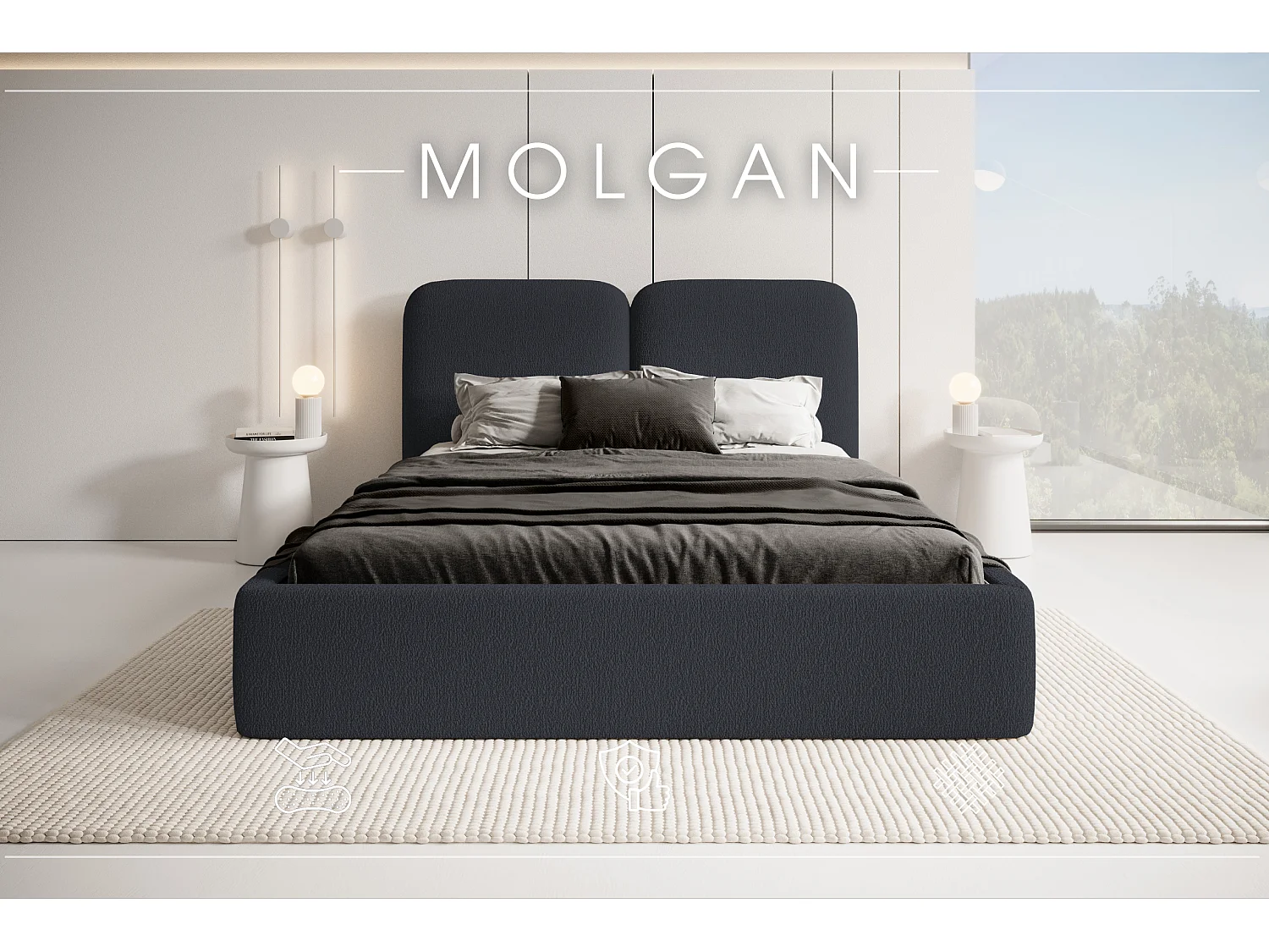 LIT CAPITONNÉ avec coffre de lit Molgan Gris foncé 160x200 cm