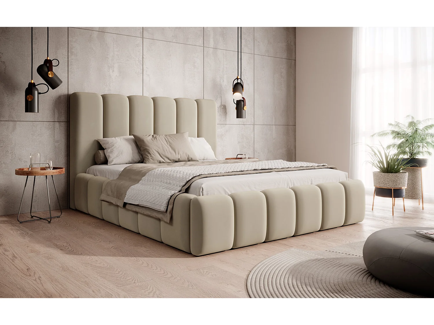LIT TAPISSÉ avec coffre de rangement Rimini Beige foncé 160x200 cm