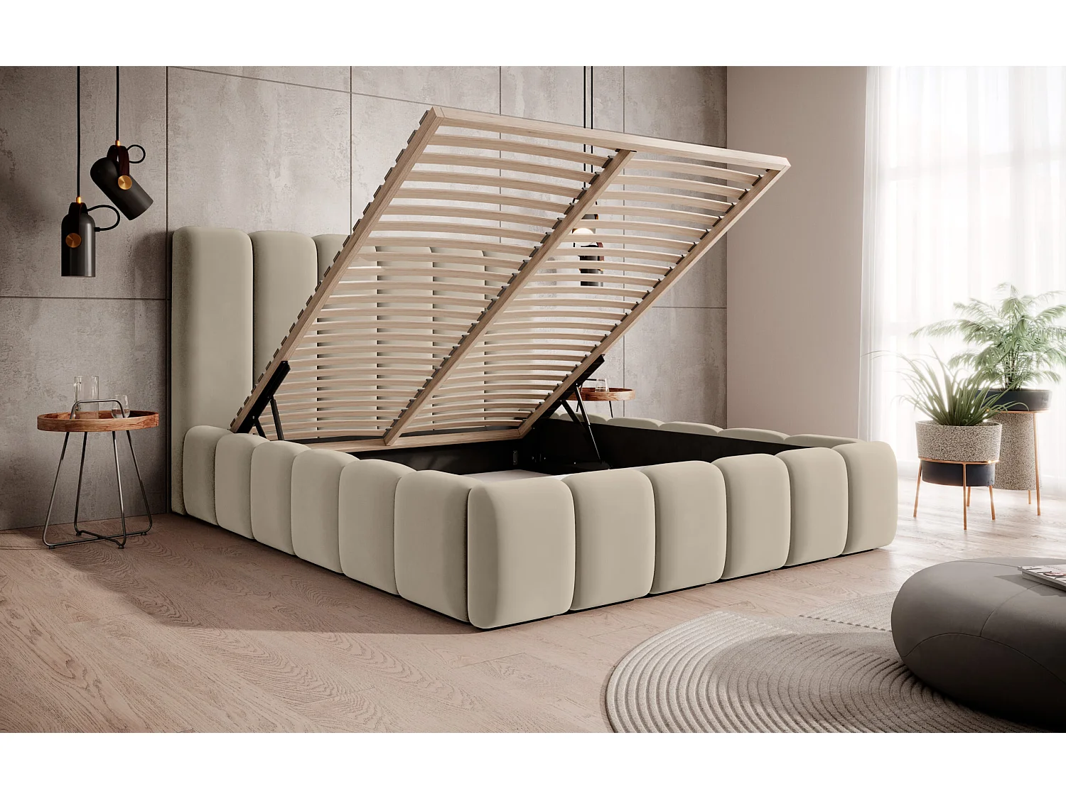 LIT TAPISSÉ avec coffre de rangement Rimini Beige foncé 160x200 cm