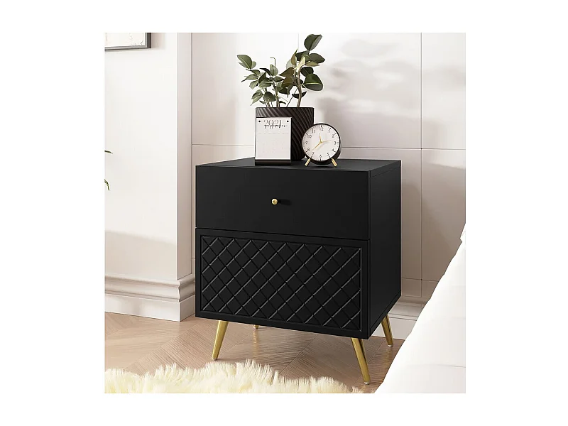 Nachtkastje "Temerra" van zwart hout met 2 laden en gouden metalen poten