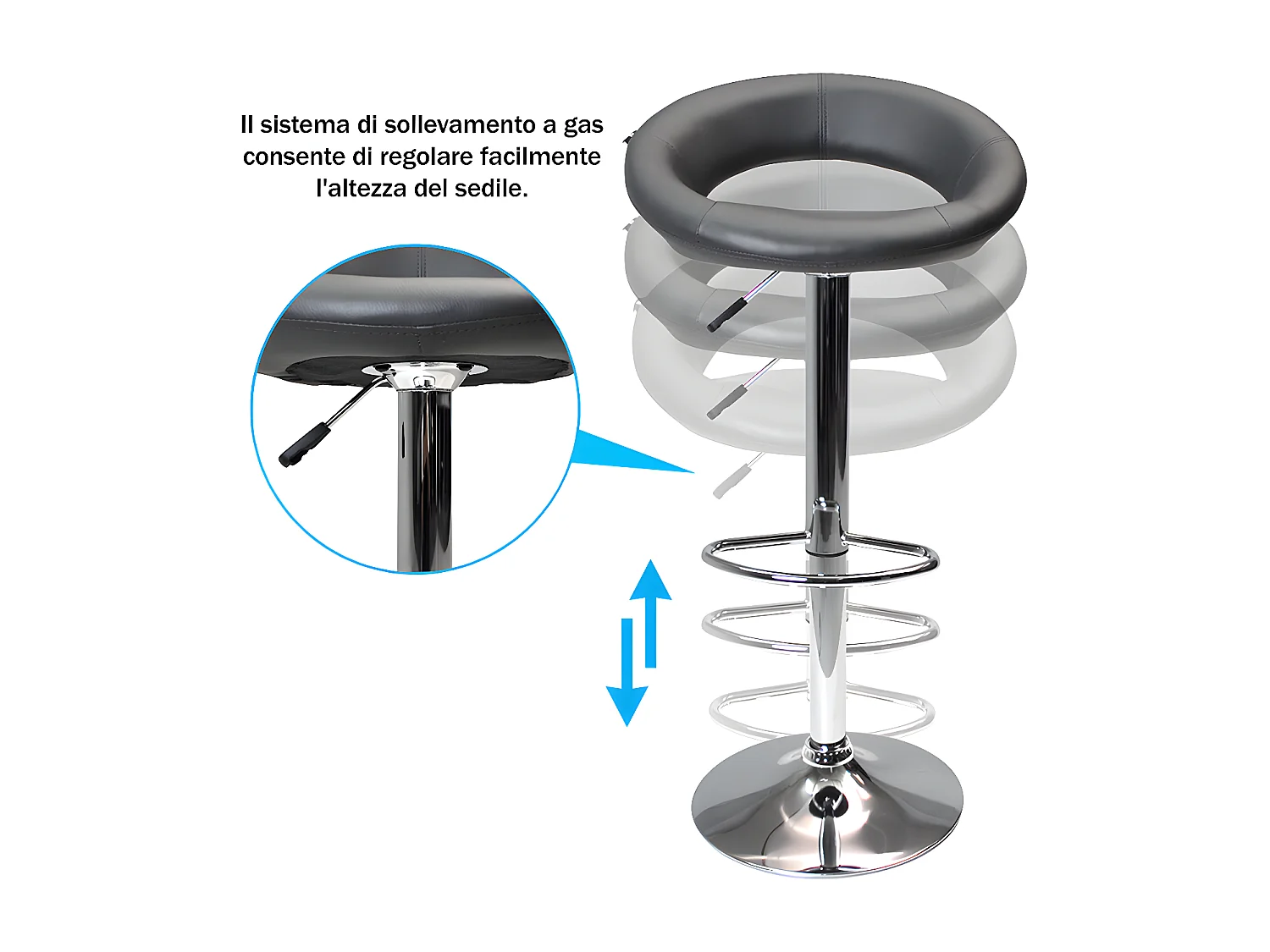 Sgabello da bar cucina regolabile girevole mod.Olbia in ecopelle grigio con schienale e poggiapiedi