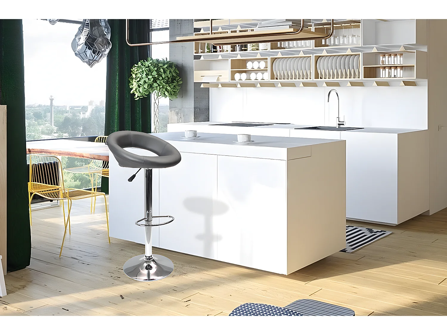 Sgabello da bar cucina regolabile girevole mod.Olbia in ecopelle grigio con schienale e poggiapiedi