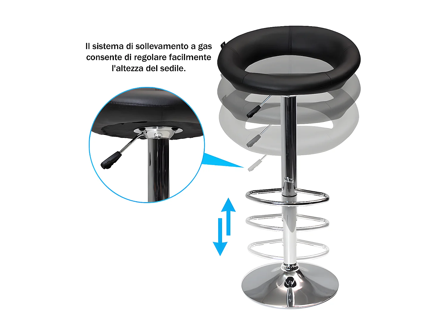 Sgabello da bar cucina regolabile girevole mod.Olbia in ecopelle nero con schienale e poggiapiedi