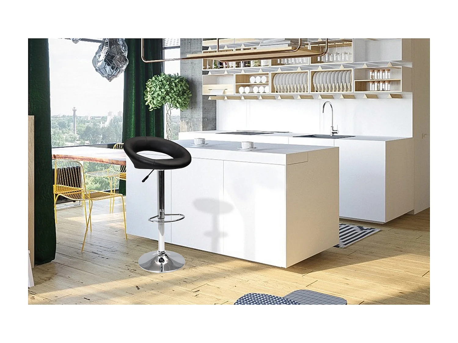 Sgabello da bar cucina regolabile girevole mod.Olbia in ecopelle nero con schienale e poggiapiedi