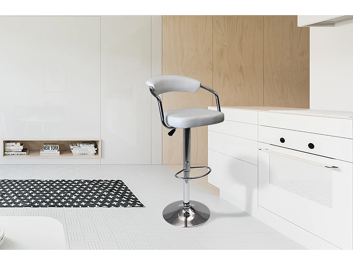 Sgabello da bar cucina con schienale e braccioli regolabile girevole mod.Nuoro in ecopelle bianco