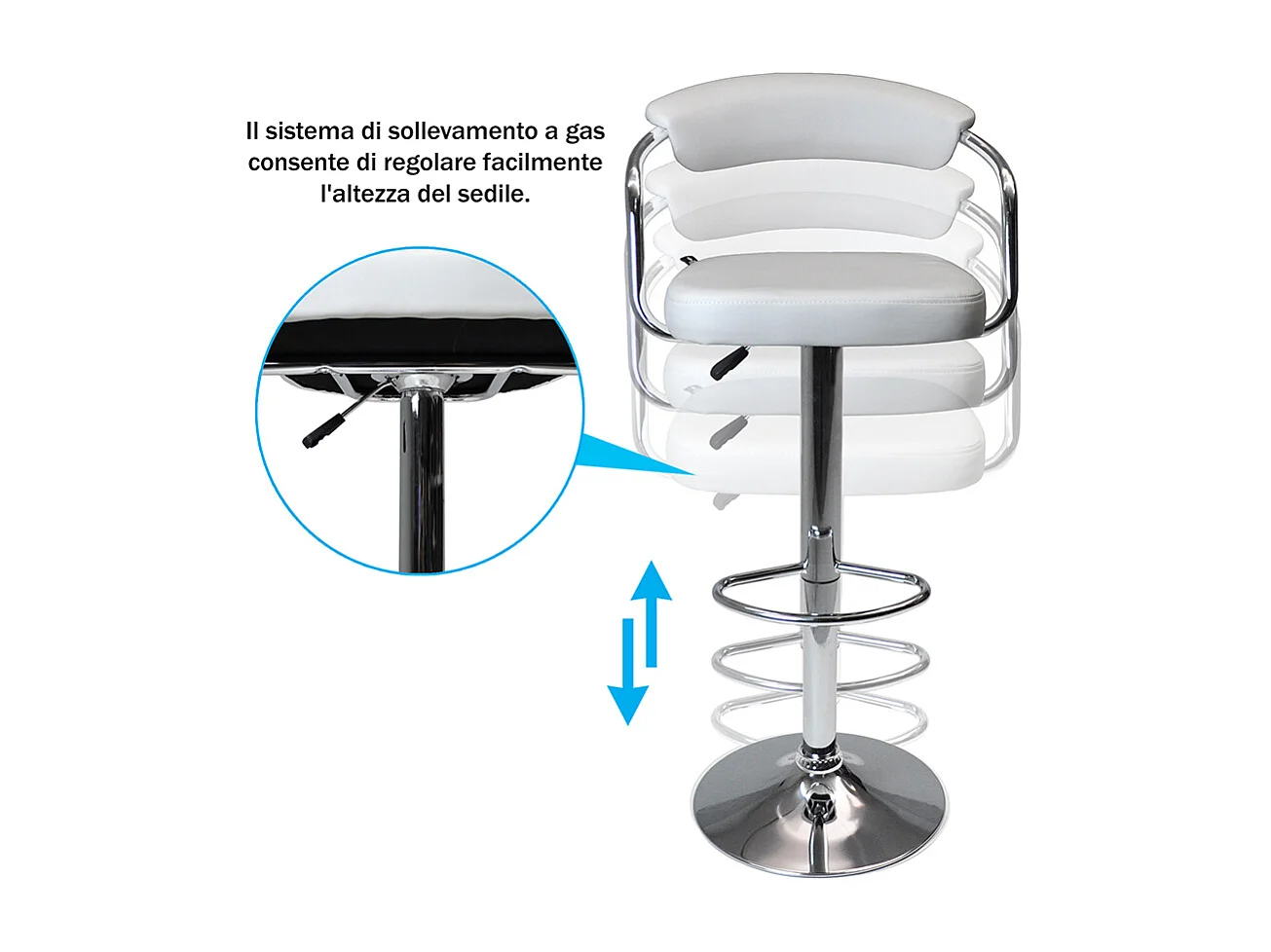 Sgabello da bar cucina con schienale e braccioli regolabile girevole mod.Nuoro in ecopelle bianco