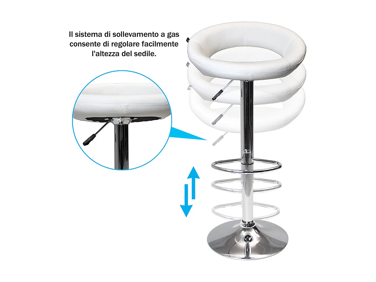 Sgabello da bar cucina regolabile girevole mod.Olbia in ecopelle bianco con schienale e poggiapiedi