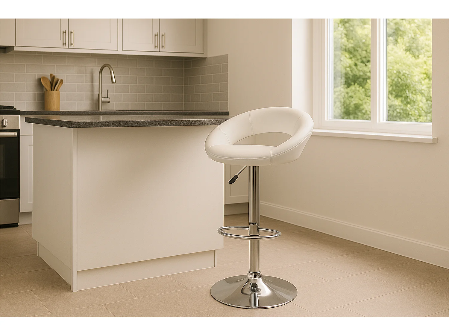 Sgabello da bar cucina regolabile girevole mod.Olbia in ecopelle bianco con schienale e poggiapiedi