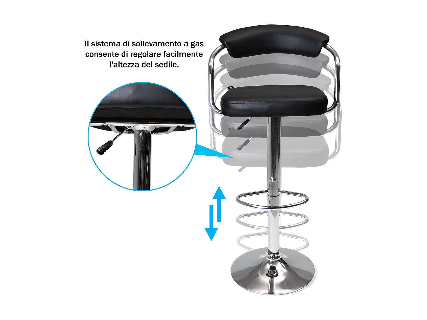 Sgabello da bar cucina con schienale e braccioli regolabile girevole mod.Nuoro in ecopelle nero