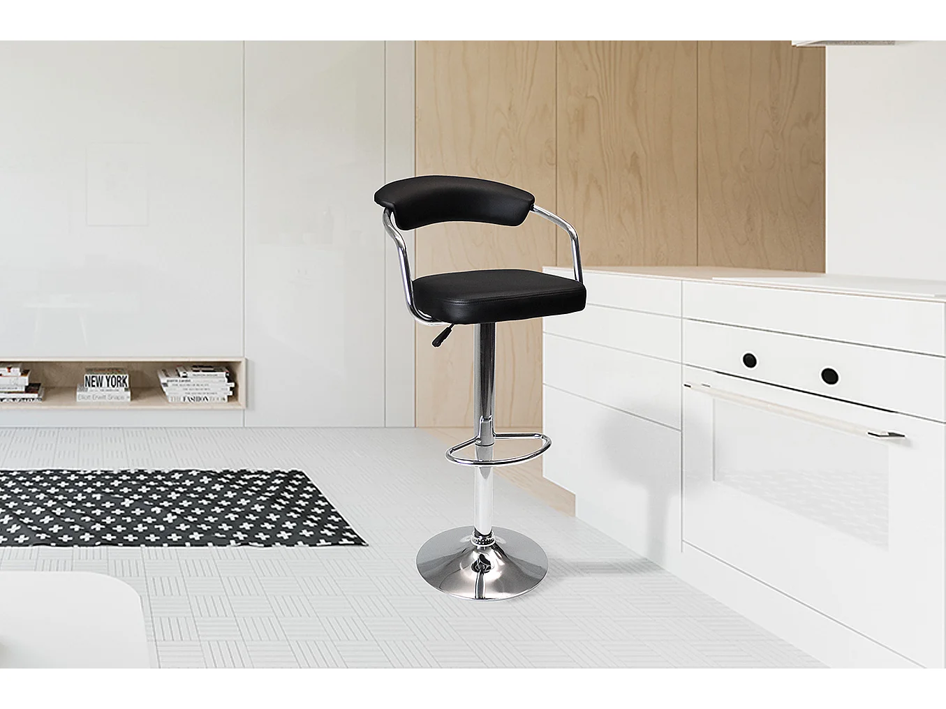 Sgabello da bar cucina con schienale e braccioli regolabile girevole mod.Nuoro in ecopelle nero