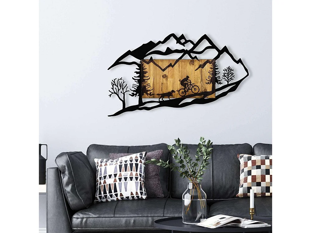 Accesorio decorativo de pared – 110 x 3 x 65 cm – Nogal y negro – Metal y madera natural