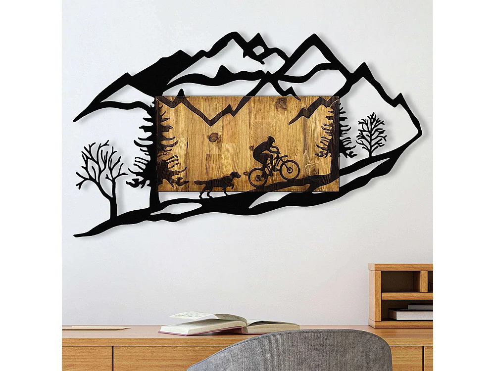 Accesorio decorativo de pared – 110 x 3 x 65 cm – Nogal y negro – Metal y madera natural