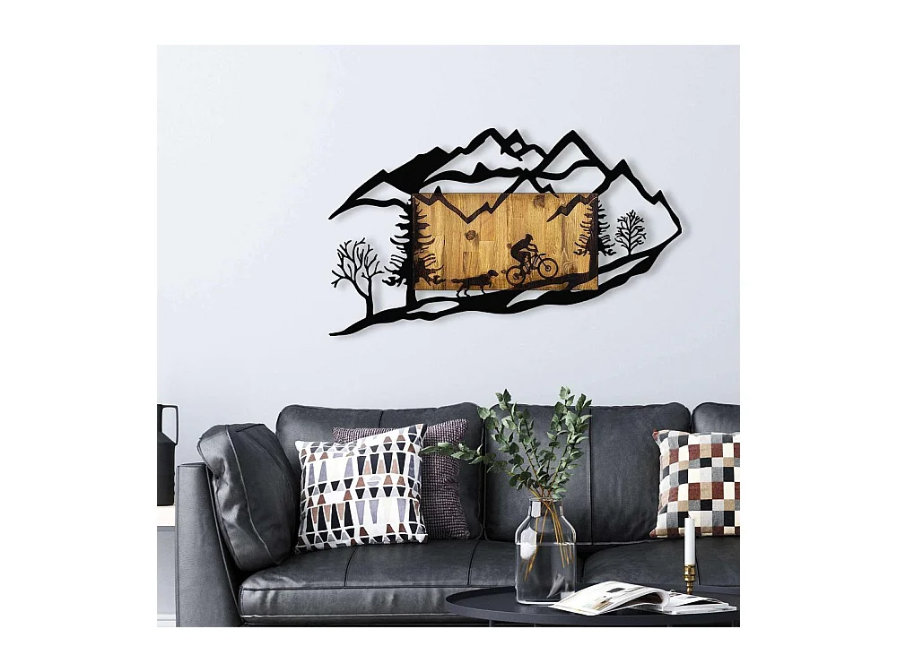 Décoration murale Chiara 110x65cm Cyclo randonnée homme et chien Métal Noir et Bois foncé