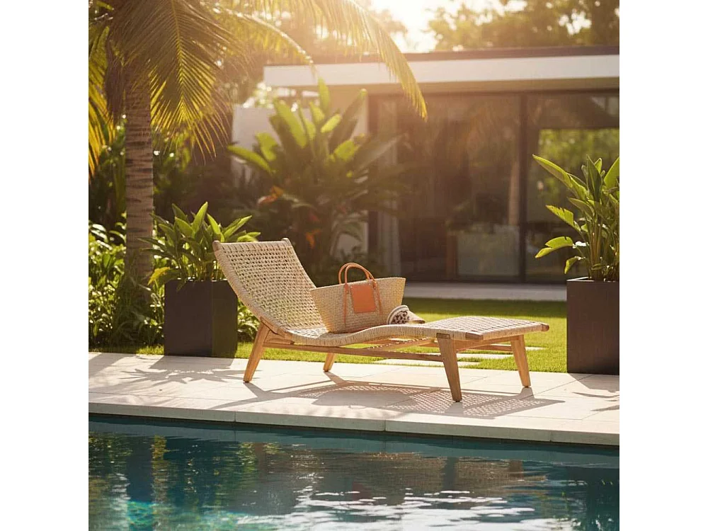 Chaise bain de soleil en teck et cannage synthétique BAIA Vague