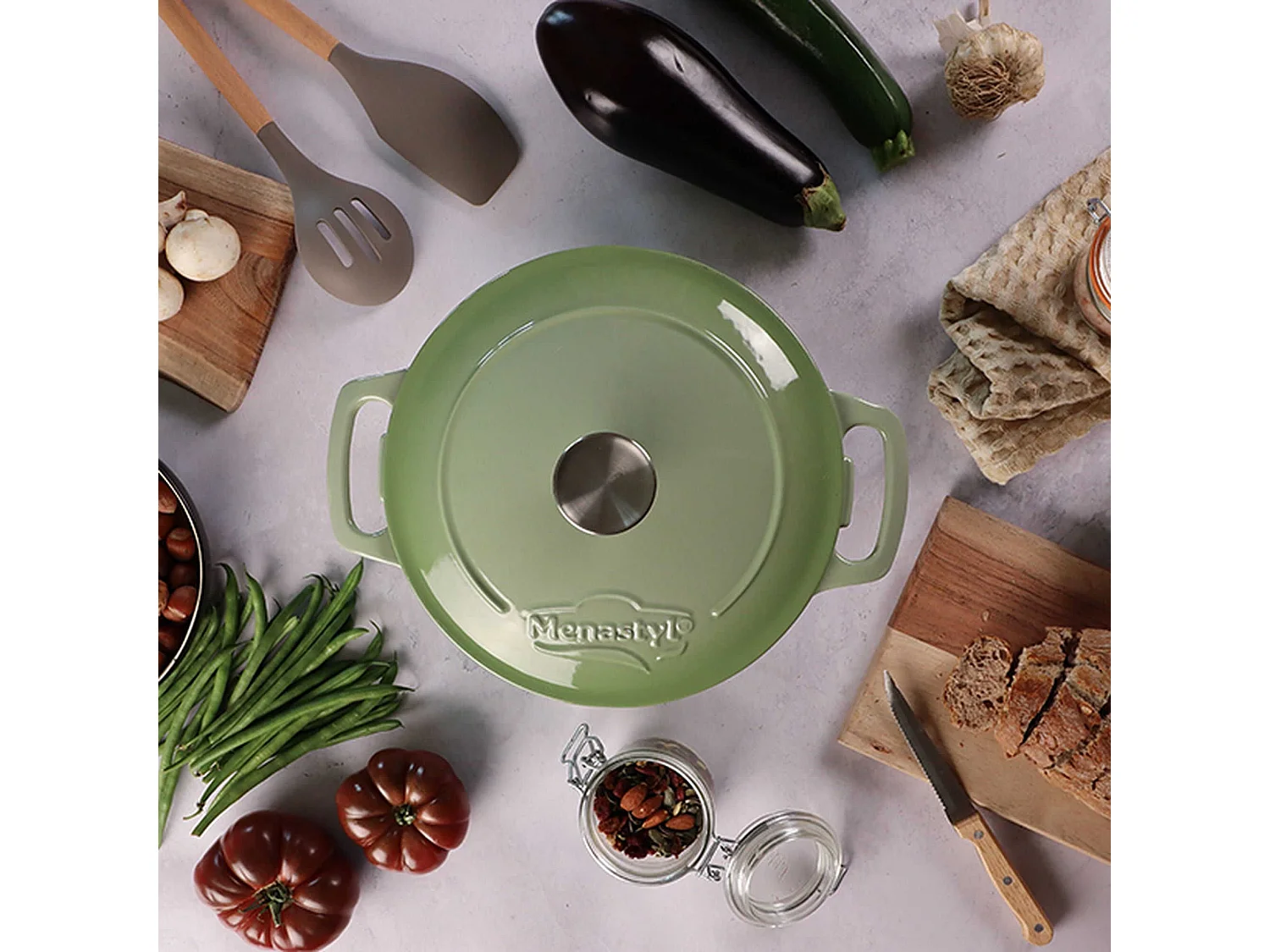 Menastyl - Cocotte Colette Ronde 7l 29cm En Fonte Emaille Vert