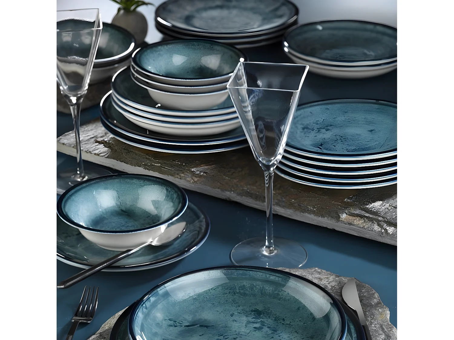 Set vaisselle service dîner 24 pièces Murrina 100% Porcelaine Bleu