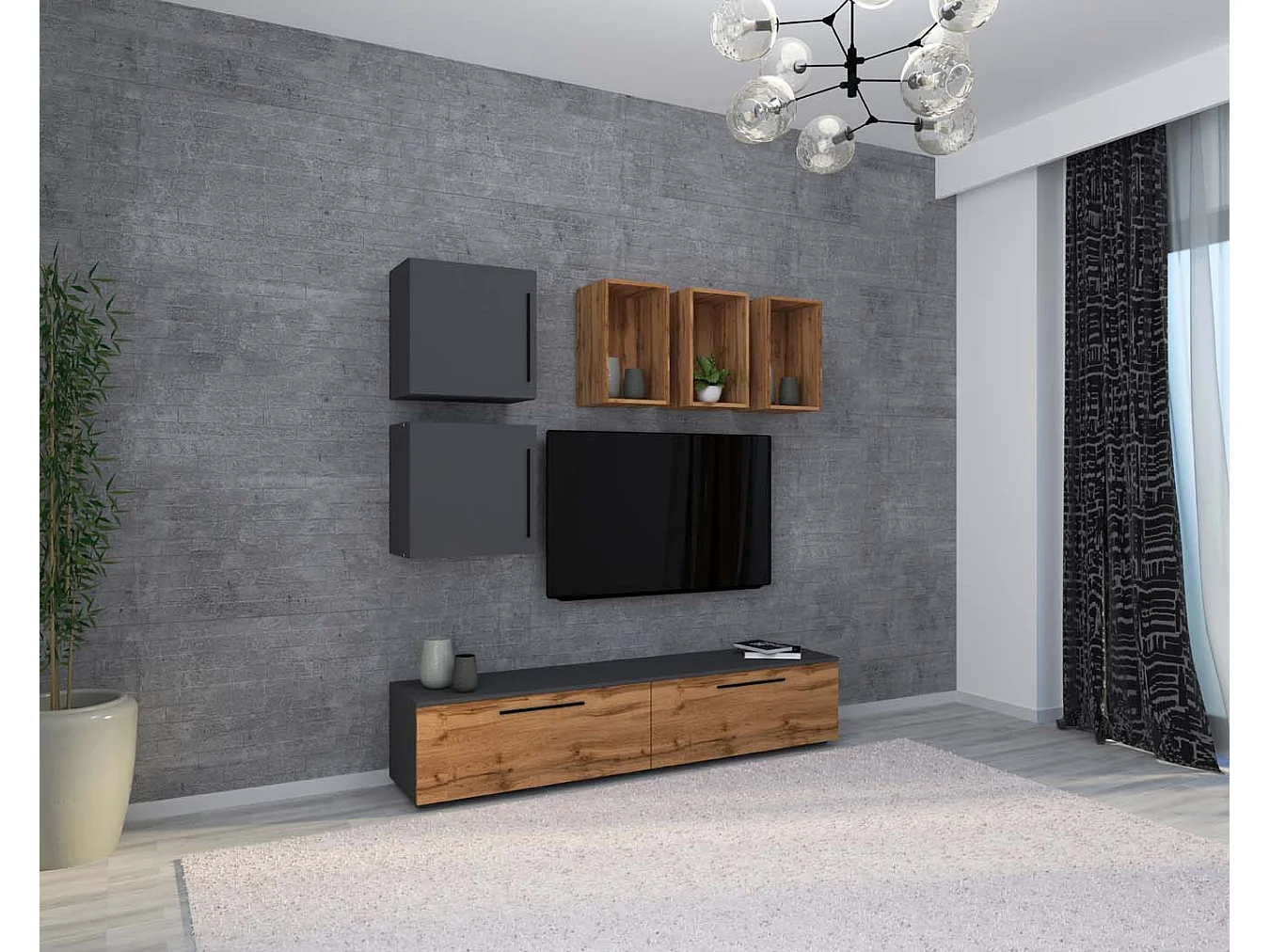 TV Furniture Arila Anthracite / honey oak H. 200 x W. 190 x D. 40 cm