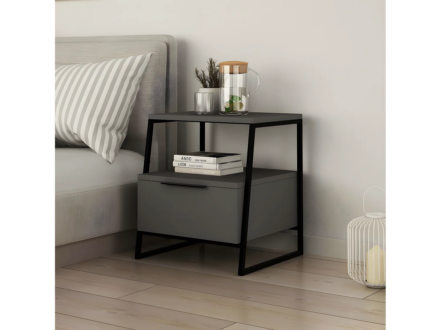 Table de chevet 1 tiroir Tekapo Métal Noir et Bois Anthracite