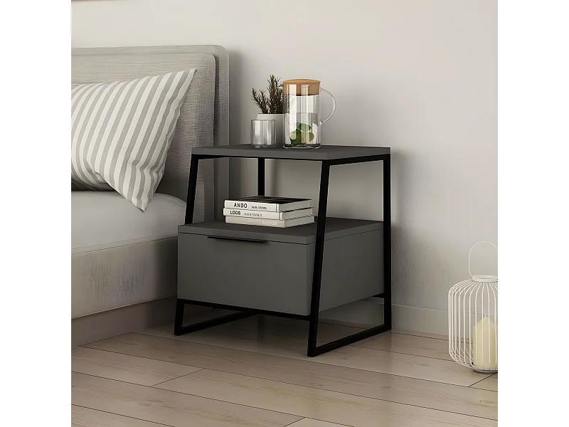 Table de chevet 1 tiroir Tekapo Métal Noir et Bois Anthracite