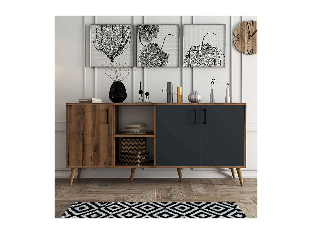 Buffet 2 niches 3 portes décor noyer et gris anthracite L180 cm - Exxen