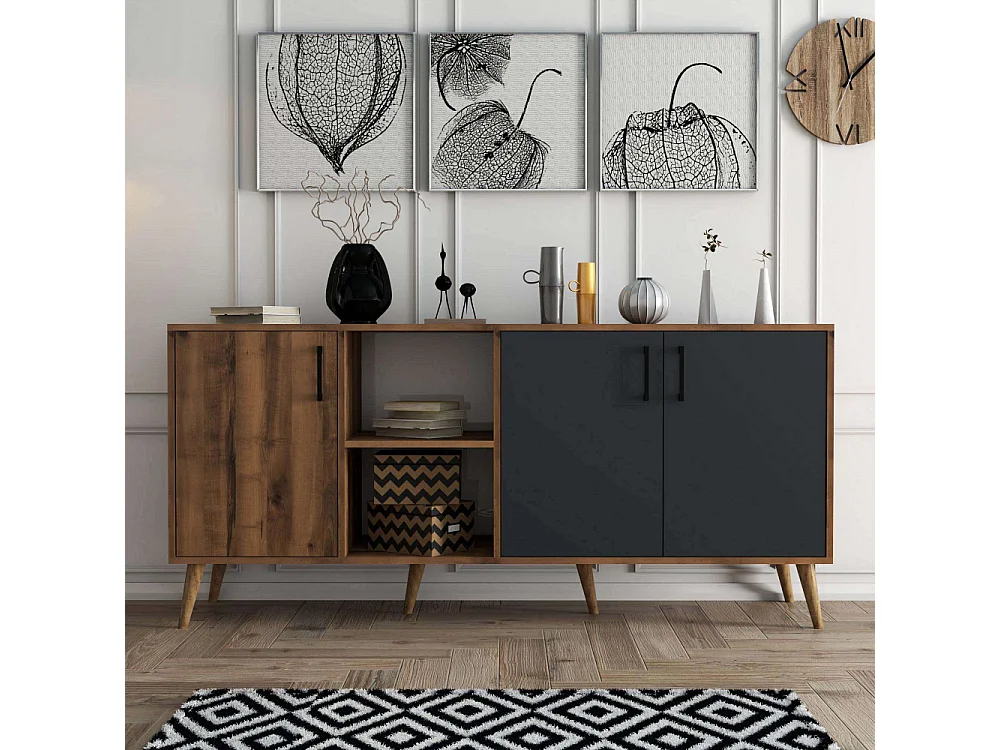 Buffet 2 niches 3 portes décor noyer et gris anthracite L180 cm - Exxen