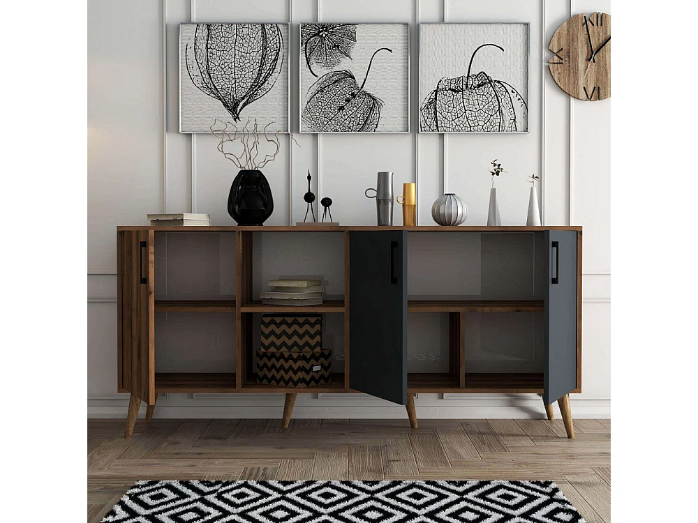 Buffet 2 niches 3 portes décor noyer et gris anthracite L180 cm - Exxen