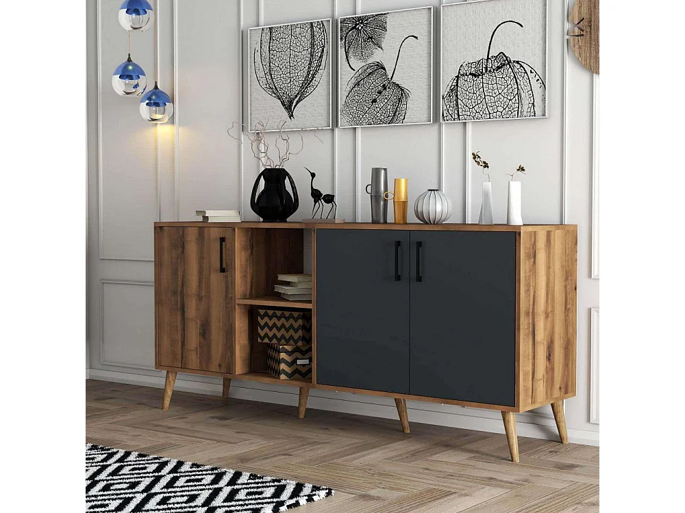 Buffet 2 niches 3 portes décor noyer et gris anthracite L180 cm - Exxen