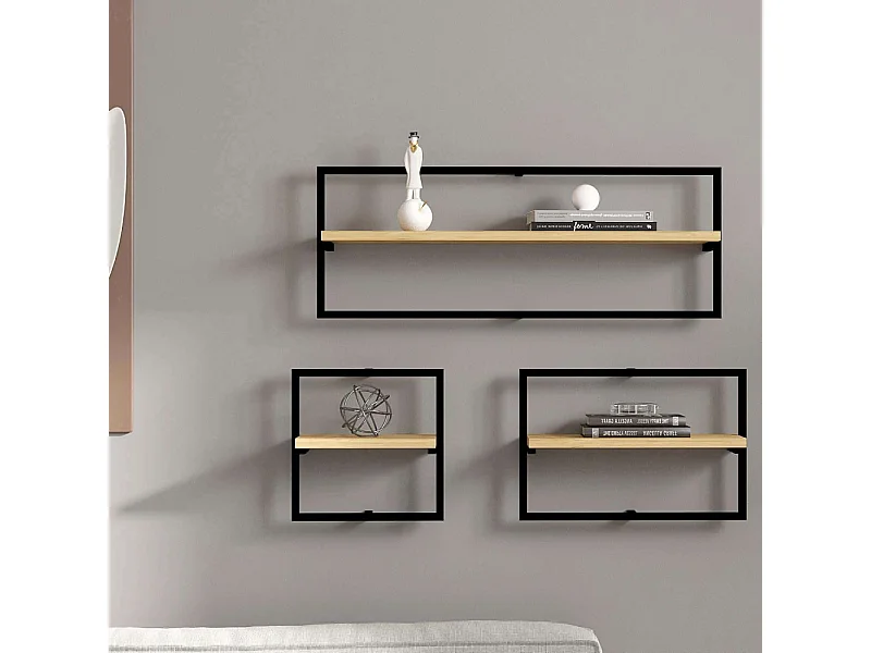 Estante de pared moderno de 3 niveles, roble zafiro, tablero de partículas recubierto 100 % de melamina.