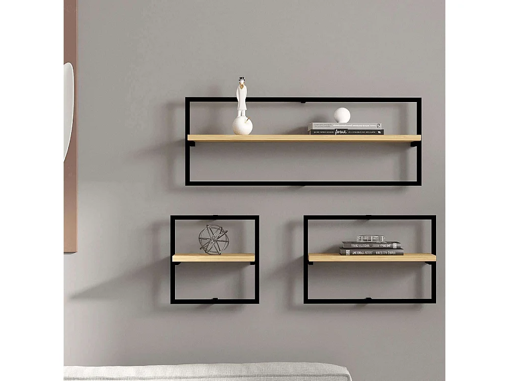 Estante de pared moderno de 3 niveles, roble zafiro, tablero de partículas recubierto 100 % de melamina.