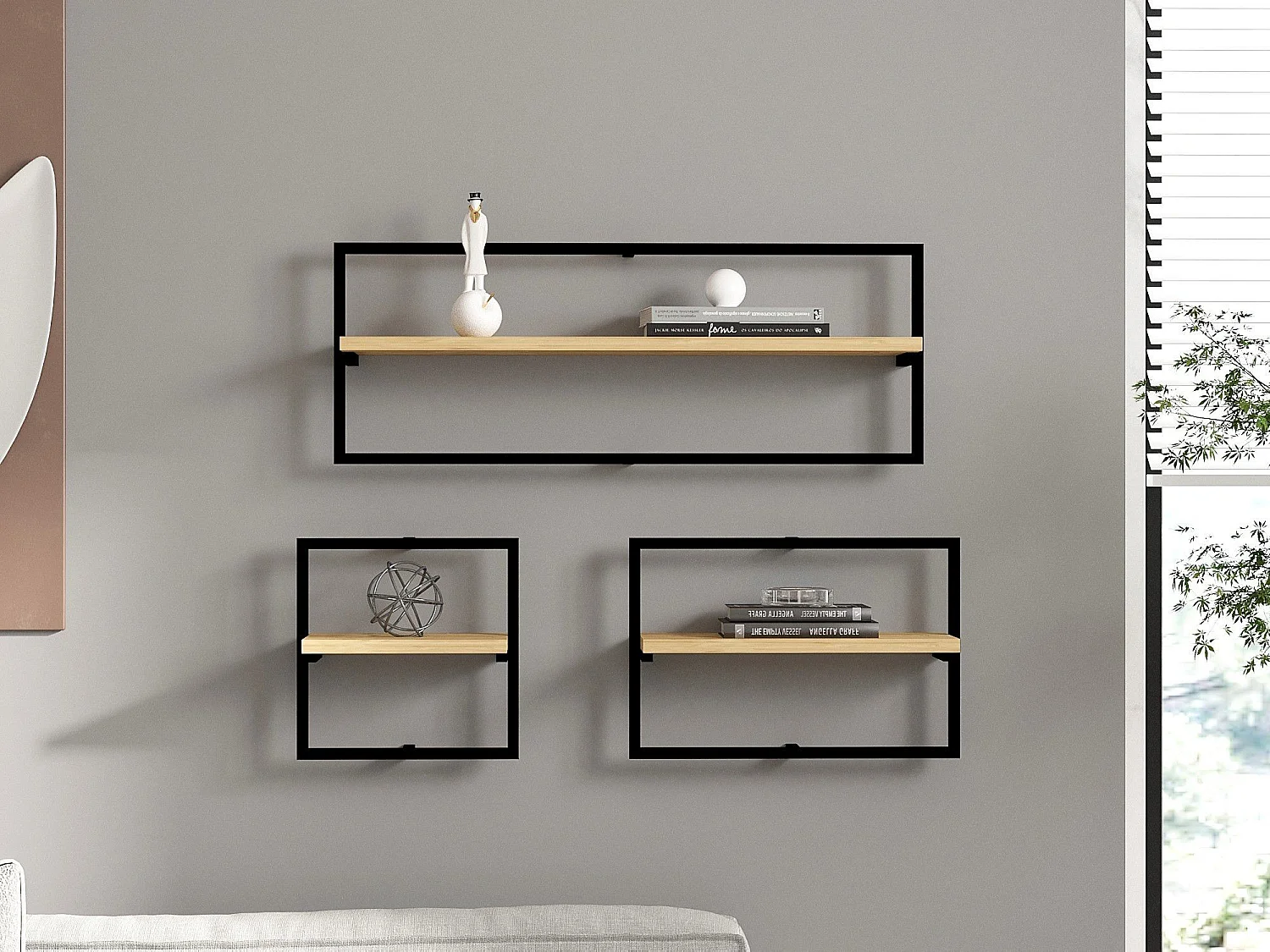 Estante de pared moderno de 3 niveles, roble zafiro, tablero de partículas recubierto 100 % de melamina.